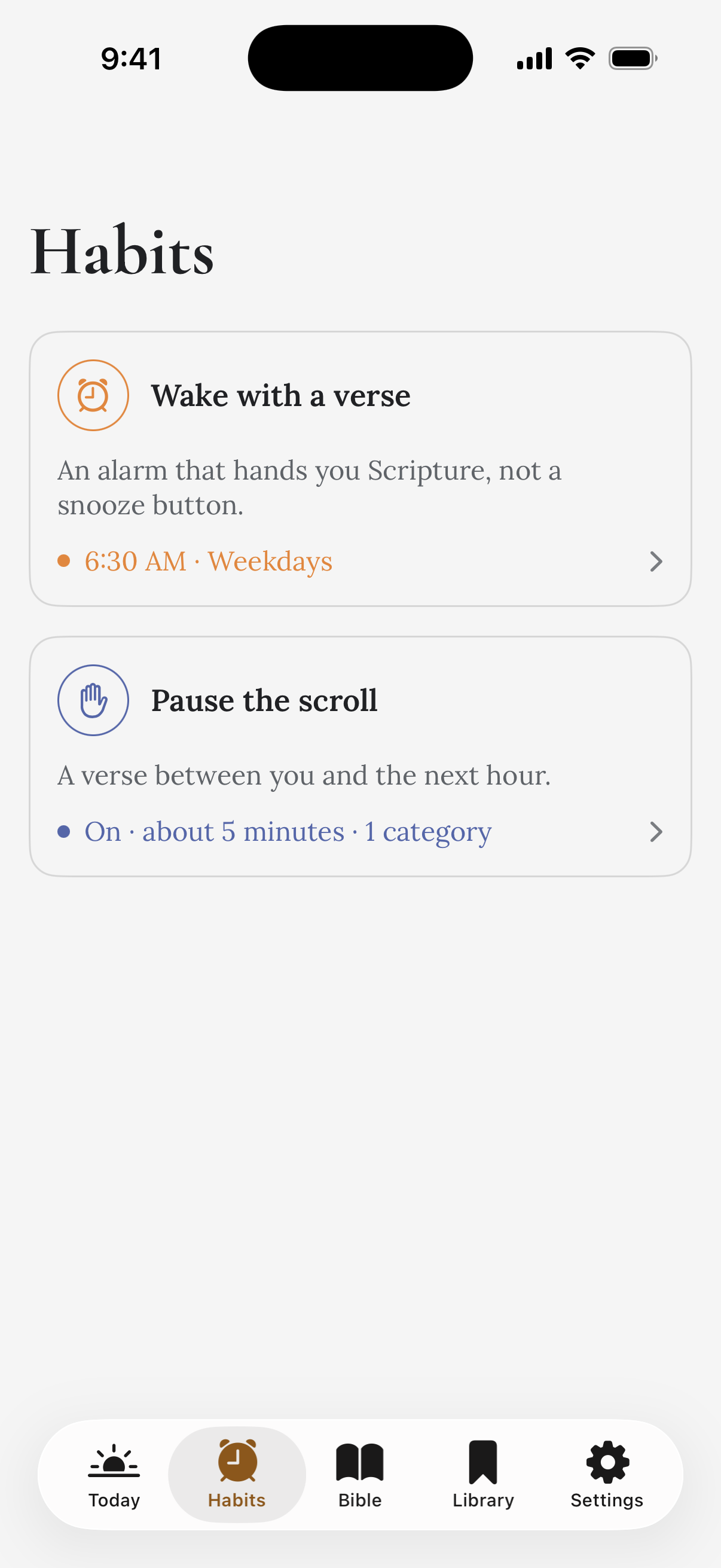 Habits screen with a scheduled morning verse alarm