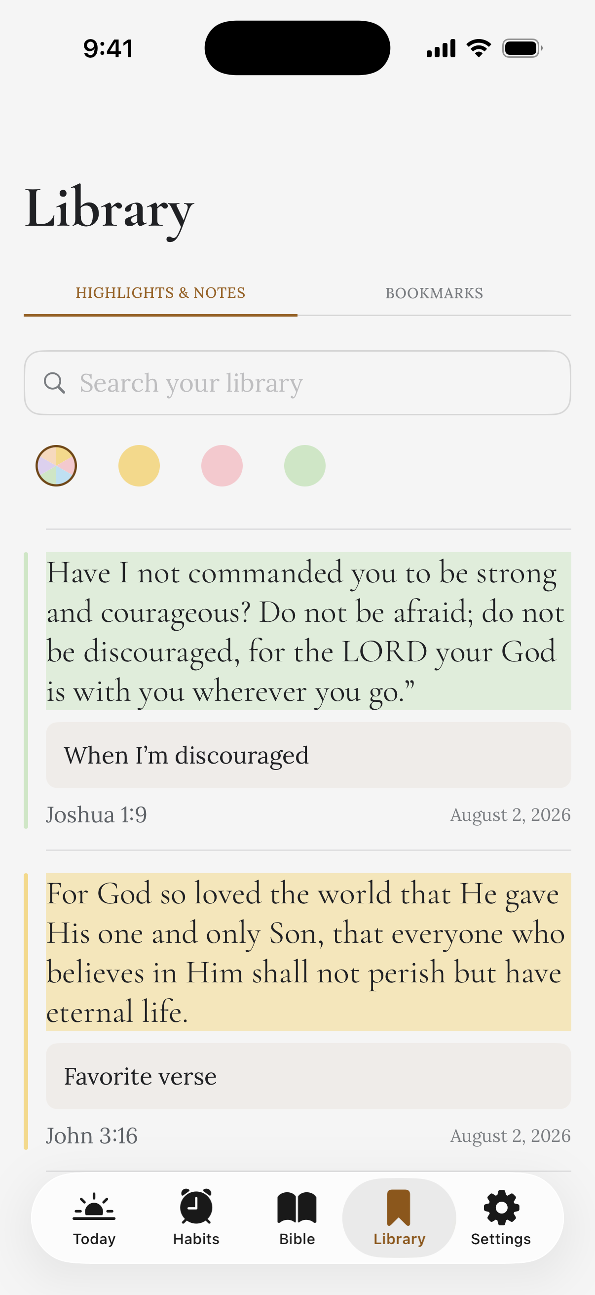 Library screen showing saved verses and reading items